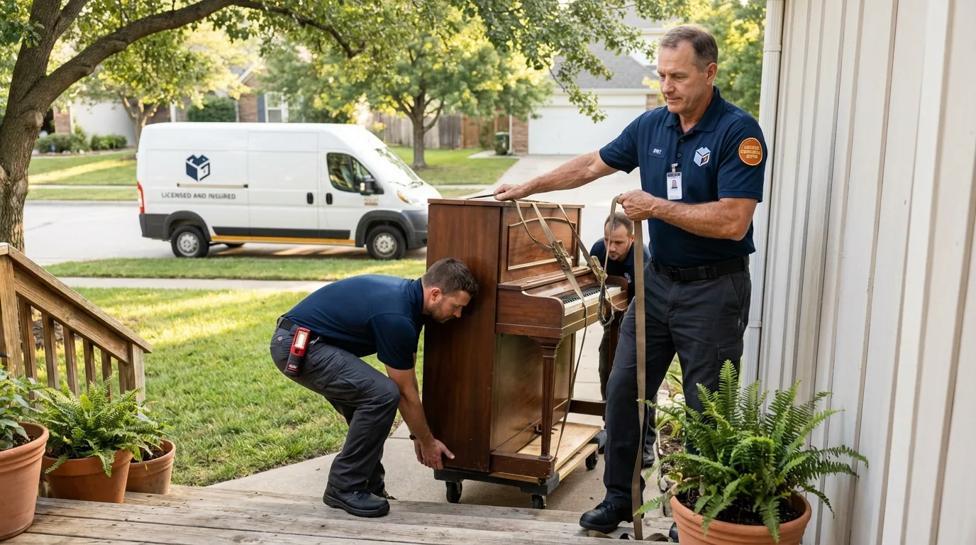 Licensed piano movers securing grand piano in Castle Hayne, NC