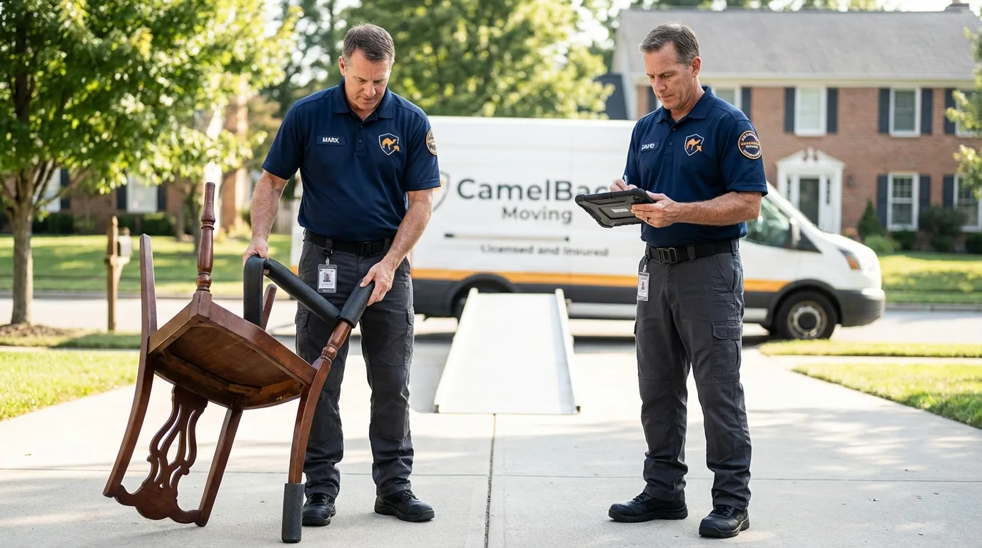 Movers inspecting furniture for damage prevention before loading in Castle Hayne, NC