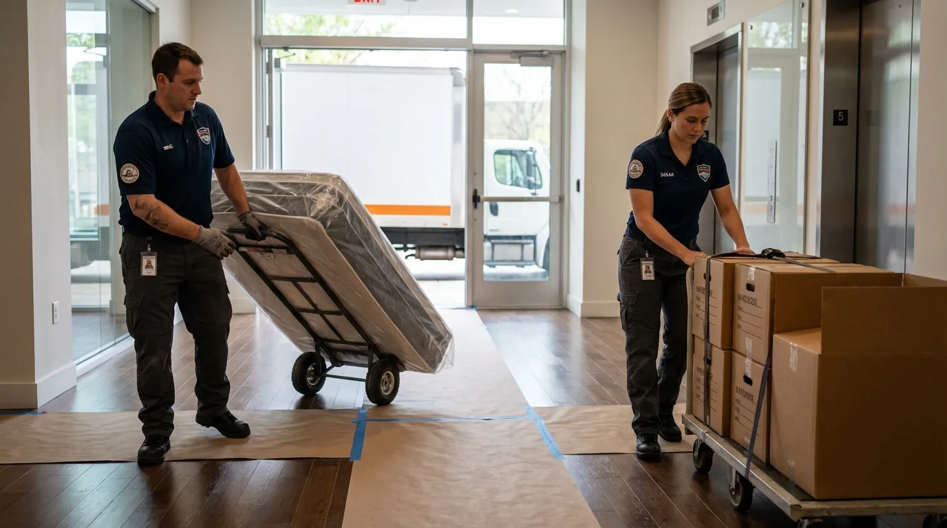 Professional apartment movers loading elevator in Castle Hayne, NC