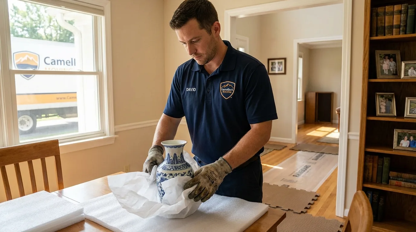 Professional crew carefully wrapping antique vase for senior downsizing move in Castle Hayne, NC